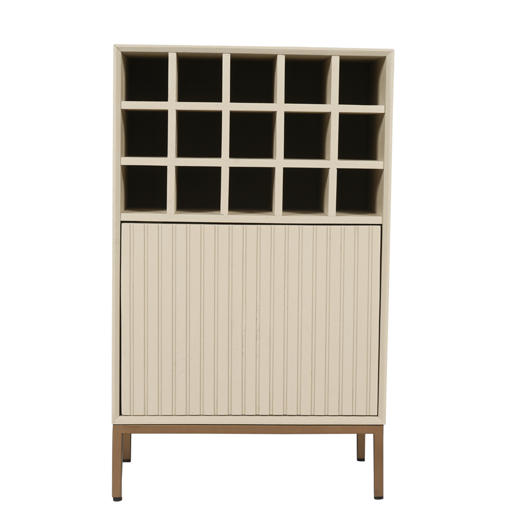 Weinschrank Mandy Sand – Mango Holz mit 15 Flaschenfächern & Tür im Lamellendesign, 55 x 35 x 90 cm