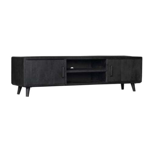 V Board Raven Schwarz 180x45x50 cm – modernes Mangoholz Lowboard mit Strukturfront & Stauraum