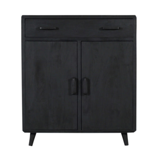 Schrank Raven Schwarz – Mangoholz Highboard mit 2 Türen & 1 Schublade, 100×45×115 cm, modernes Design mit Holzintarsien