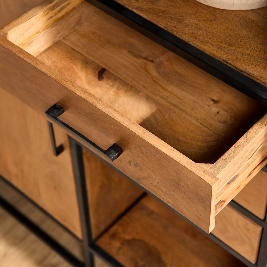 Regalschrank Delta Natur Supreme XXL – Wandschrank aus Mangoholz mit Metallgestell, 2 große & 2 kleine Türen, 3 Schubladen, 160 x 45 x 200 cm