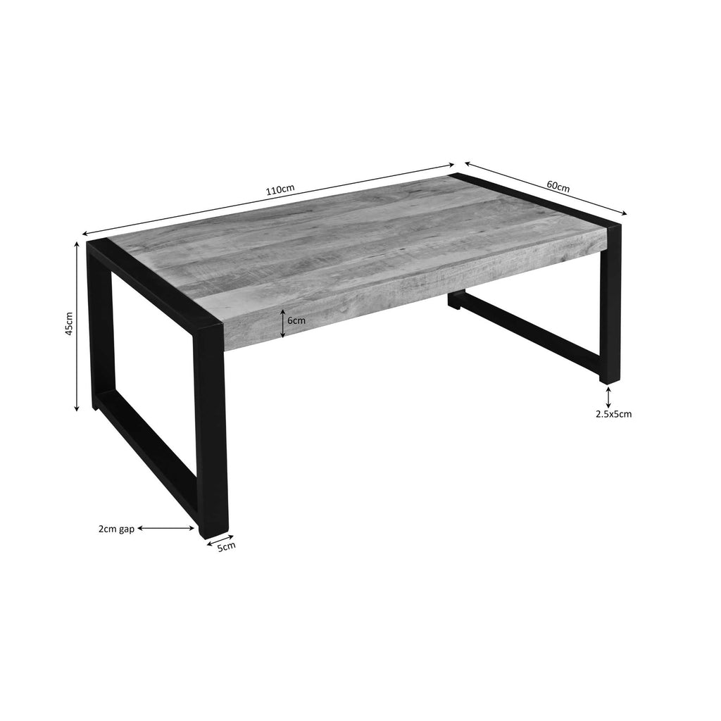 Couchtisch Bori – Rechteckiger Mangoholz-Tisch mit schwarzem Metallgestell, 110×60×45 cm