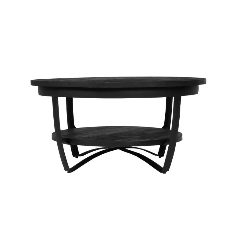 Couchtisch Paris – Runder Mangoholz-Tisch mit 2 Ebenen & schwarzem Metallgestell, Ø90×43 cm