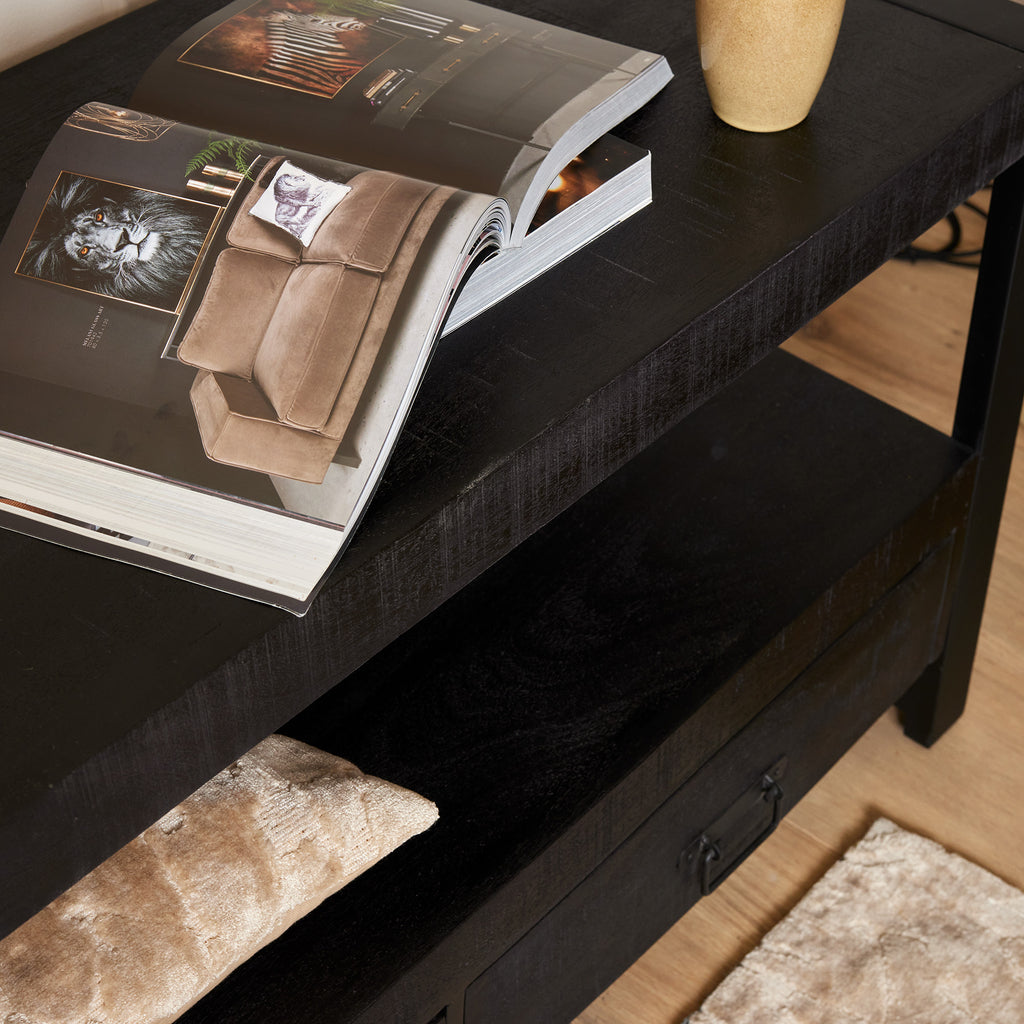 TV-Board Bori Schwarz – TV-Schrank aus Mangoholz 220×60×45 cm mit 4 Schubladen, 2 offenen Fächern & Metallgestell im modernen Design