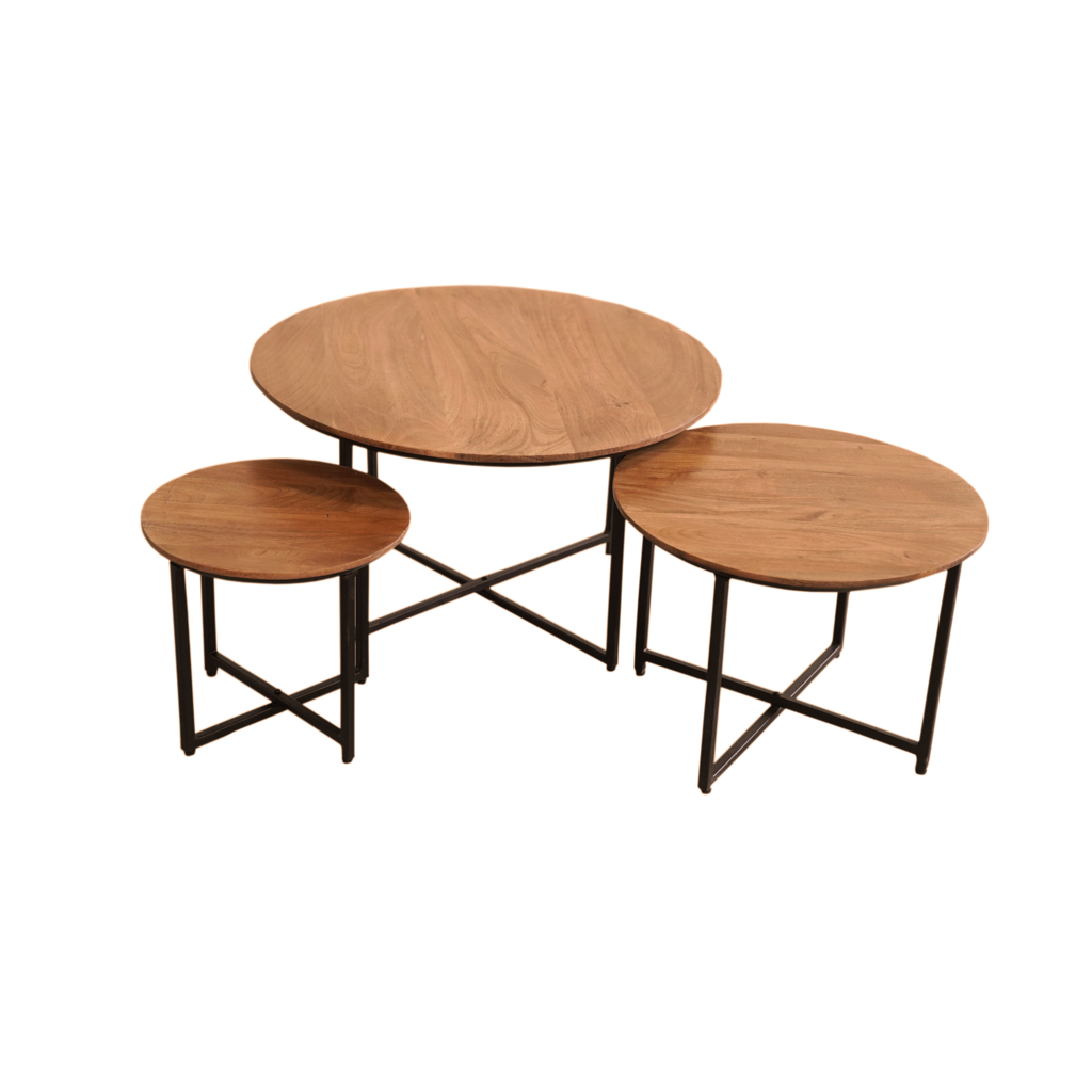 Couchtisch-Set Rois 3er-Set rund aus Mangoholz 70/50/35 cm – moderne Wohnzimmertische mit Strukturfront & Metallgestell