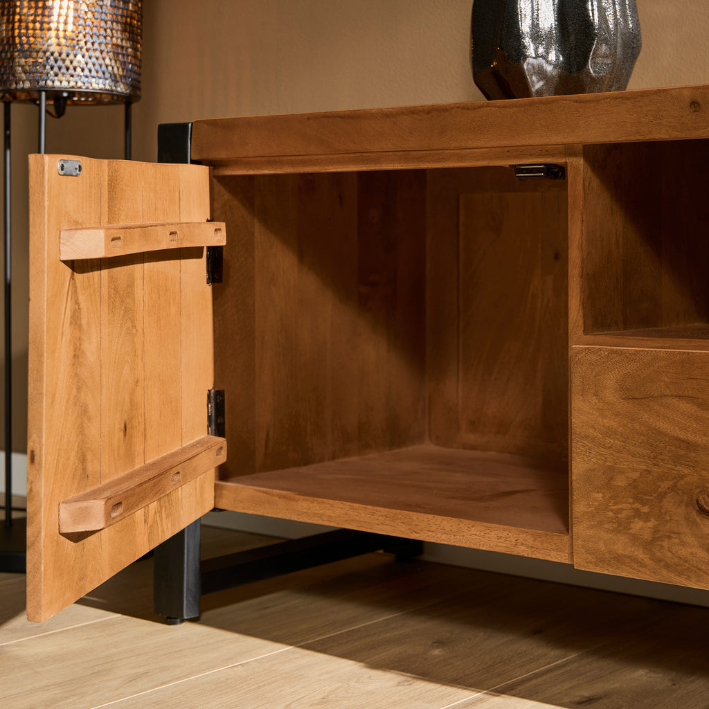 TV-Board Bori Natur– Mangoholz Lowboard mit 2 Türen, Fach & 2 Schubladen, 200×45×55 cm