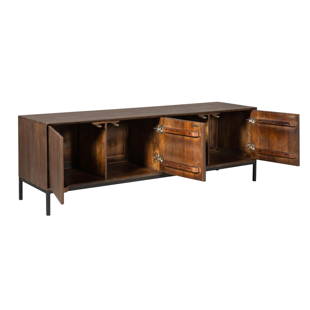 TV-Board Mandy Braun 165x45x55 cm – Lowboard aus Mangoholz mit Lamellenfront & Push-to-Open Türen