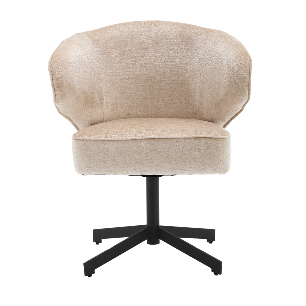 Esszimmerstuhl Persie Beige – Drehstuhl mit Armlehnen aus Loris-Stoff & schwarzem Metallgestell, 68×62×83 cm