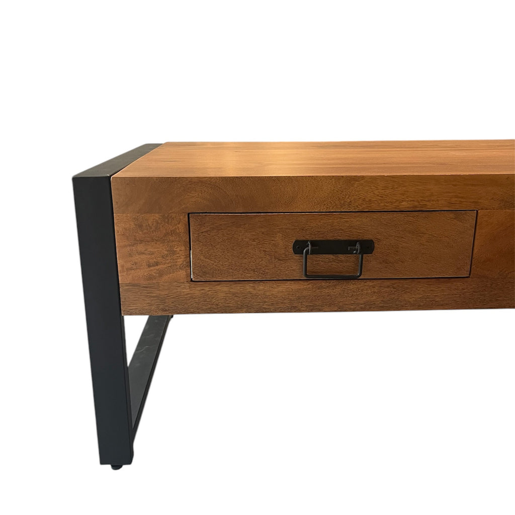 Couchtisch Bori – Mangoholz Tisch 120×45×60 cm mit 2 Schubladen & schwarzem Metallgestell, warmes Finish