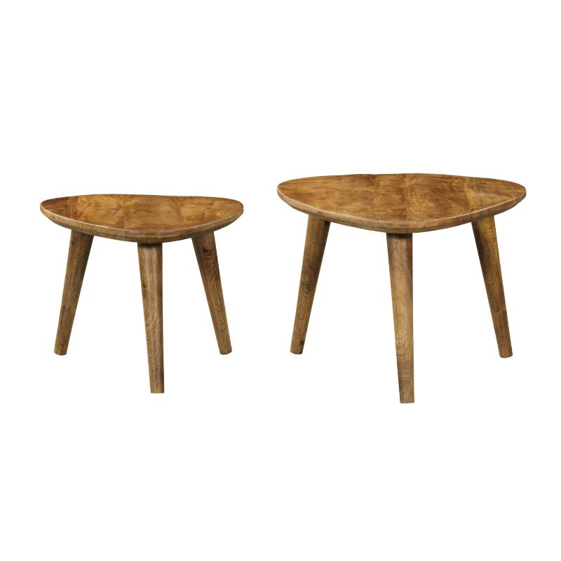 Couchtisch-Set Raven – 2er Set Massivholz-Tische in Dreiecksform, Mangoholz mit Holzbeinen, 60/50×60/50×45/40 cm
