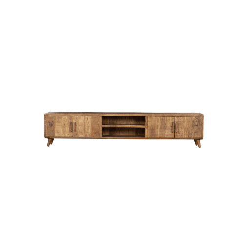 TV-Board Raven – TV-Schrank aus Mangoholz 240×50×45 cm mit 2 offenen Fächern, 3 Türen & lackierten Holzstreifen im modernen Design