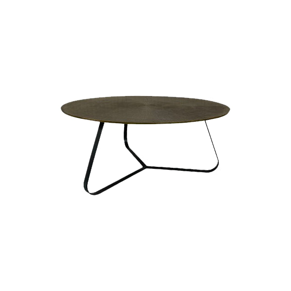 Kate Couchtisch 80 cm – runder Aluminium Tisch mit antik goldener Platte & schwarzem Eisengestell, 80×80×35 cm
