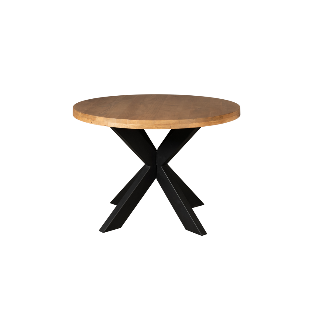 Esstisch Delta rund Ø110 cm – Mangoholz Tisch mit 6 cm Platte & Matrixgestell in Schwarz, 76 cm Höhe, modern & massiv