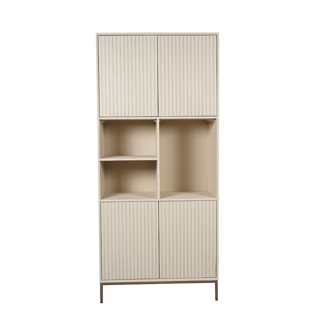 Regalschrank Mandy Sand – Mangoholz mit Lamellenmuster & bronzefarbenem Gestell, 90 x 45 x 200 cm