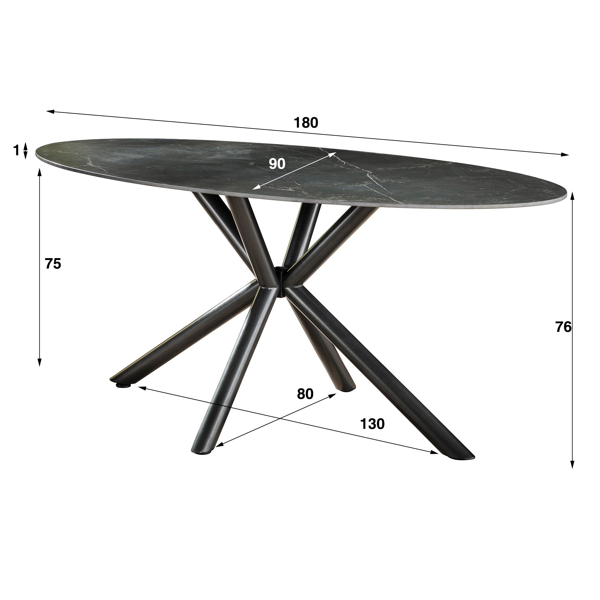 Esstisch Aveline Oval 180x90 cm – Keramikplatte in Natursteinoptik & Spinnengestell aus Metall, modern & pflegeleicht