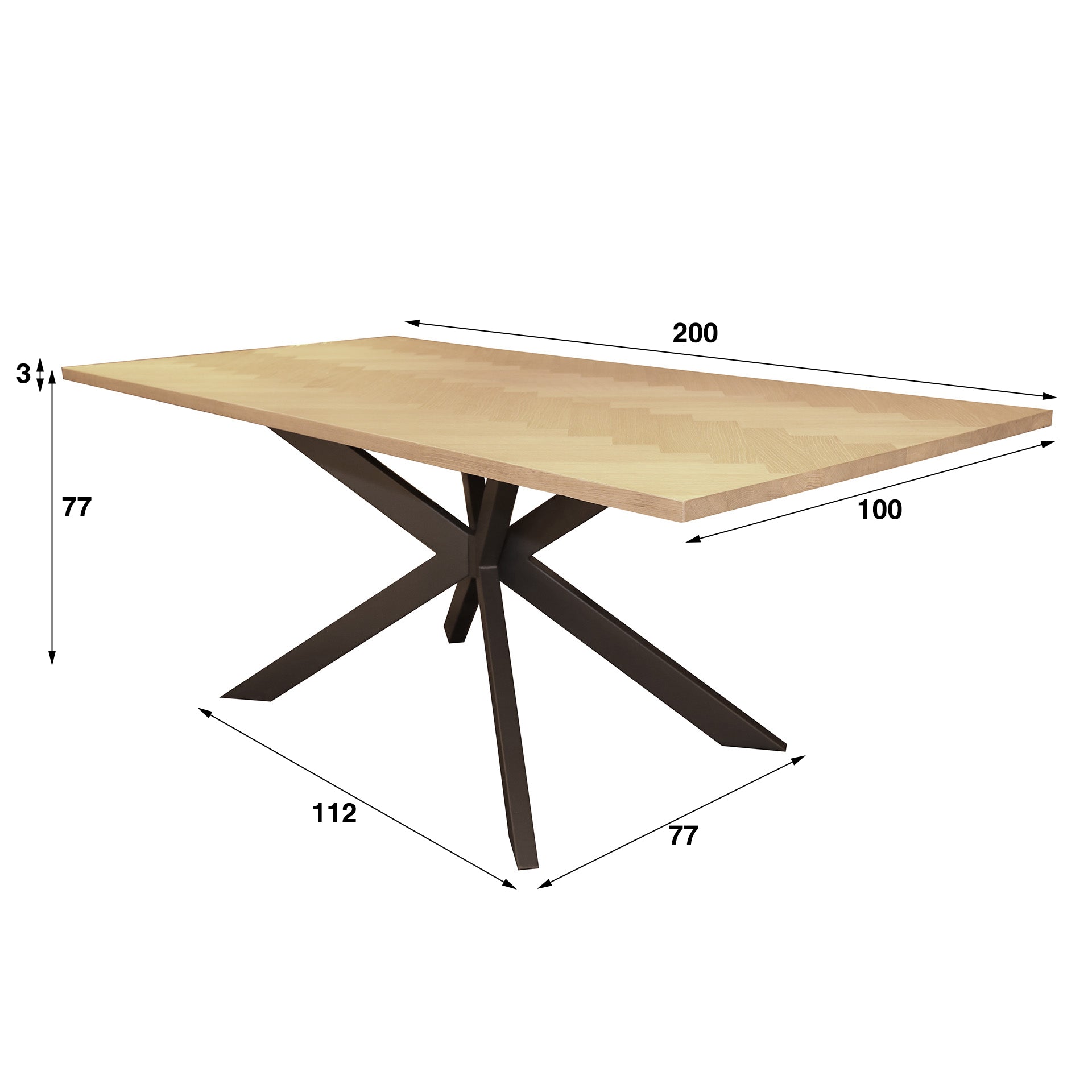 Esstisch Verona 200x100 cm – Holztisch mit Fischgrät-Furnier & schwarzem Spinnengestell aus Stahl, modernes Design in Eiche Natur