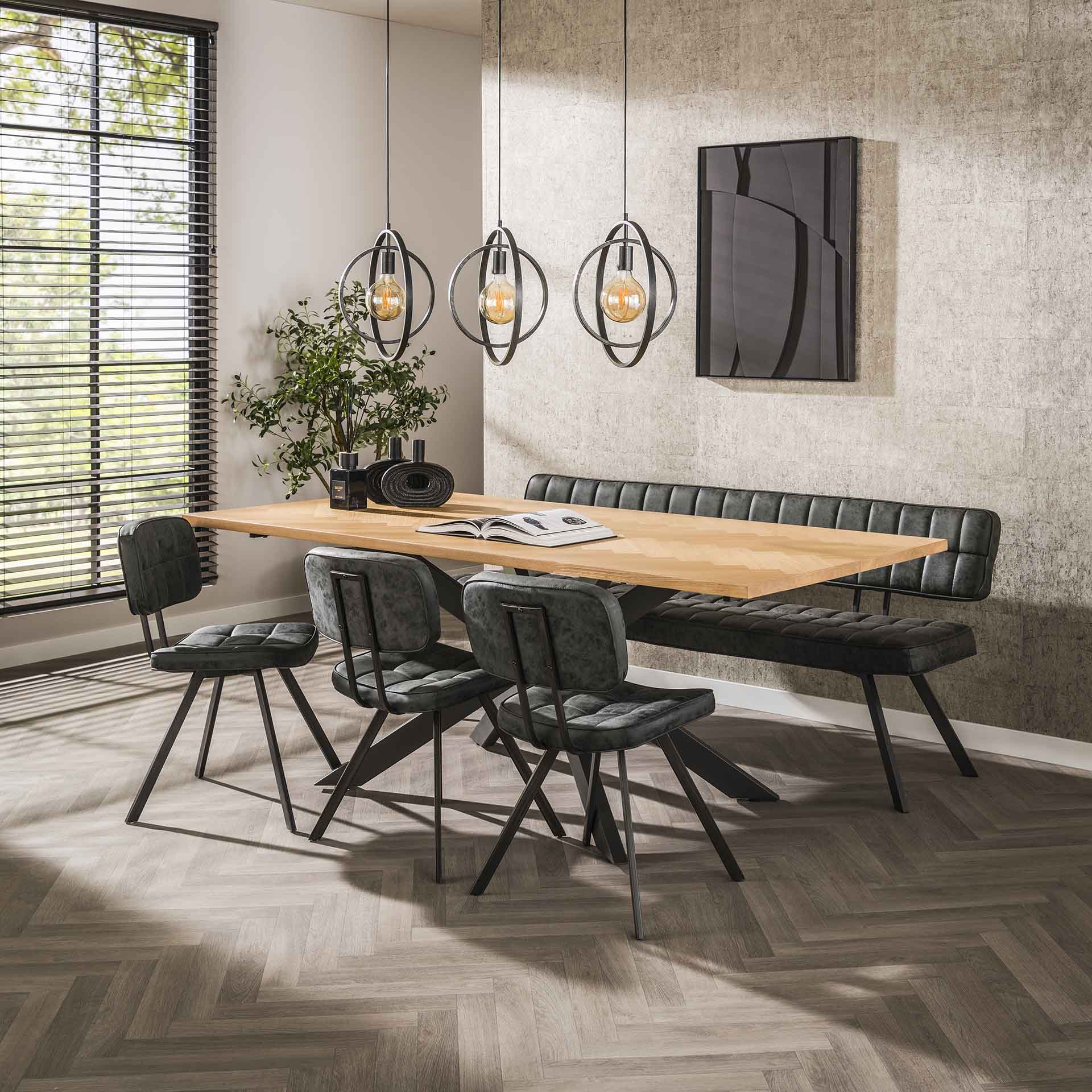 Esstisch Verona 200x100 cm – Holztisch mit Fischgrät-Furnier & schwarzem Spinnengestell aus Stahl, modernes Design in Eiche Natur