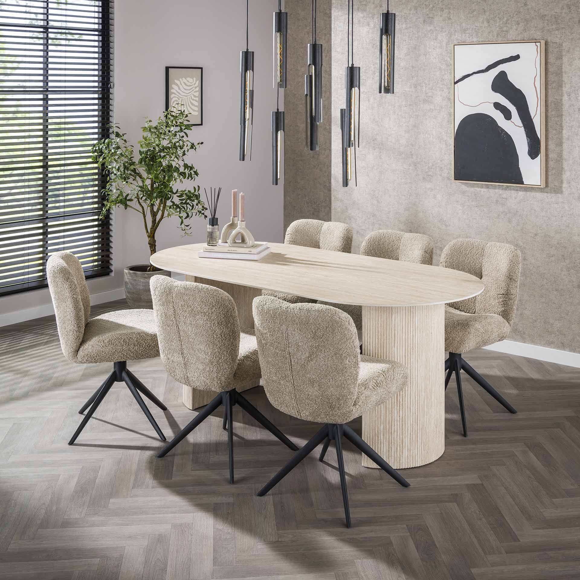 Esstisch Tivaro Arch – Ovaltisch mit Travertinoptik & halbrundem Wellengestell, 180 x 90 x 77 cm