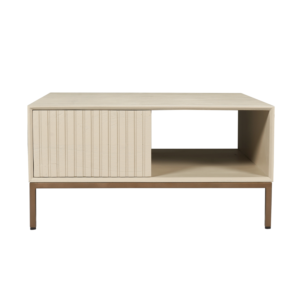 Couchtisch Mandy Sand 80x80x40 cm – Mangoholz mit Schubladen & bronzefarbenen Metallbeinen