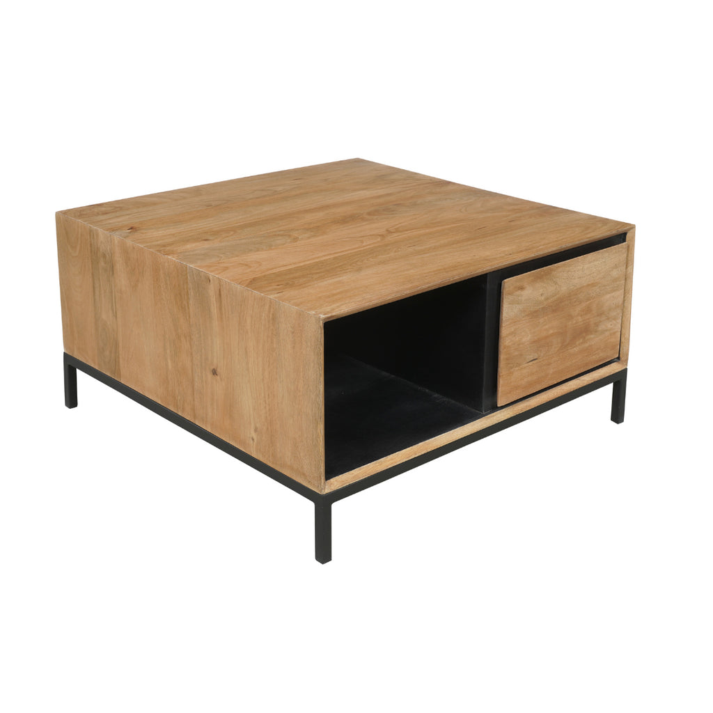 Couchtisch Rois – quadratischer Mangoholz Tisch 80×40×80 cm mit 2 Schubladen, offenem Fach & Metallrahmen
