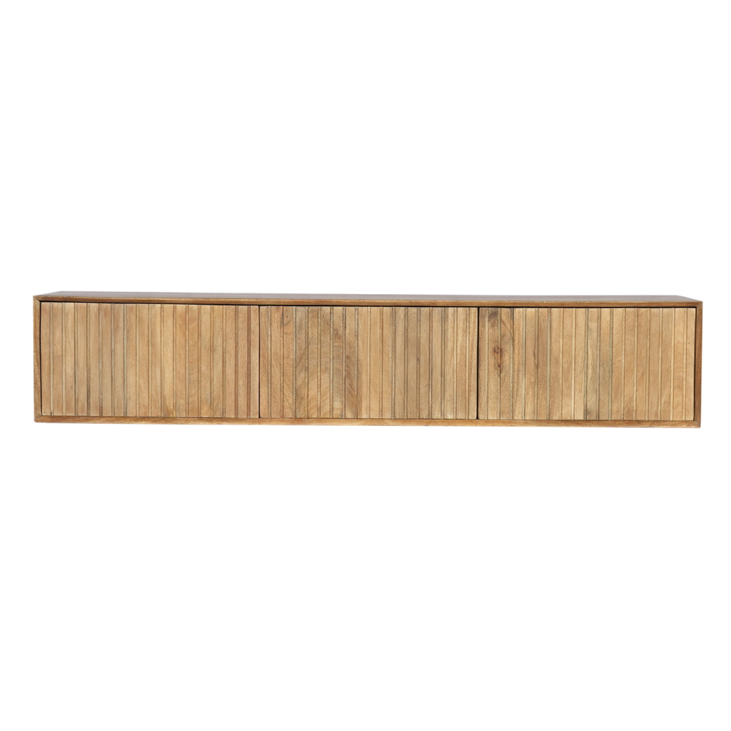 TV Board Mandy Naturel hängend – Lowboard aus massivem Mangoholz mit Lattenmuster & Push-to-Open, 280x35x30 cm