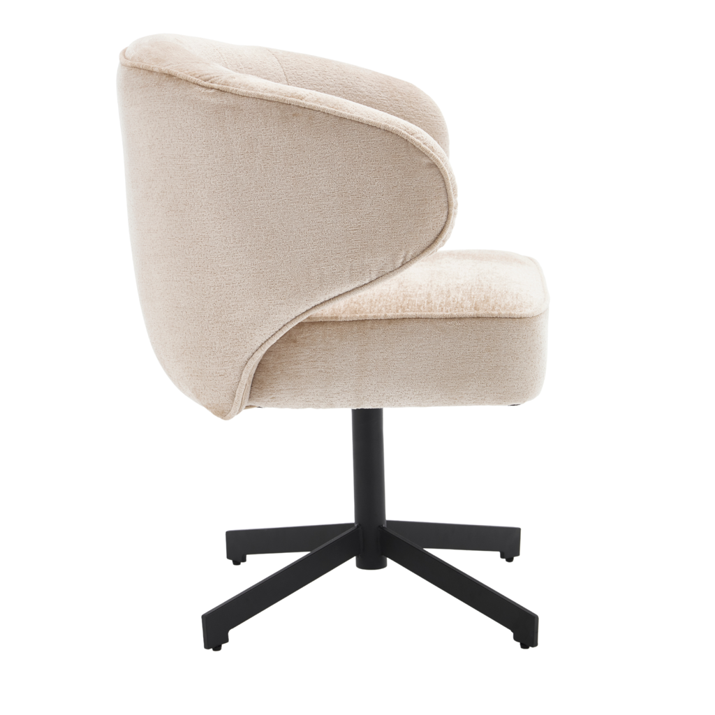 Esszimmerstuhl Persie Beige – Drehstuhl mit Armlehnen aus Loris-Stoff & schwarzem Metallgestell, 68×62×83 cm