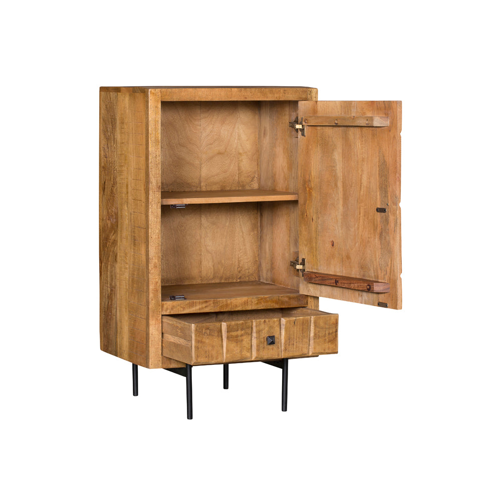 Highboard Jacky Natur – Schrank aus Mangoholz mit geschnitztem Blockmuster & Metallgestell, 1 Tür & 1 Schublade, 60 x 40 x 103 cm