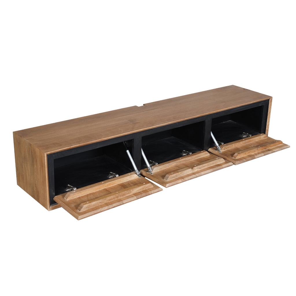TV-Board Rois Schwebend – Mangoholz mit schwarzen Metallakzenten & 3 Türen, modernes Lowboard 160 x 35 x 30 cm