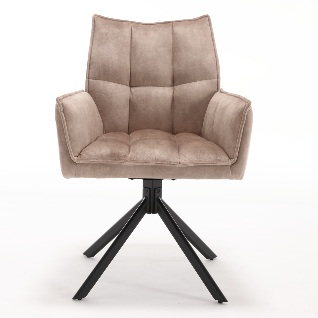 Esszimmerstuhl Daira Velvet Beige – Drehstuhl 65×56×85 cm mit Armlehnen, Memory-Rückkehr & schwarzem Metallbein