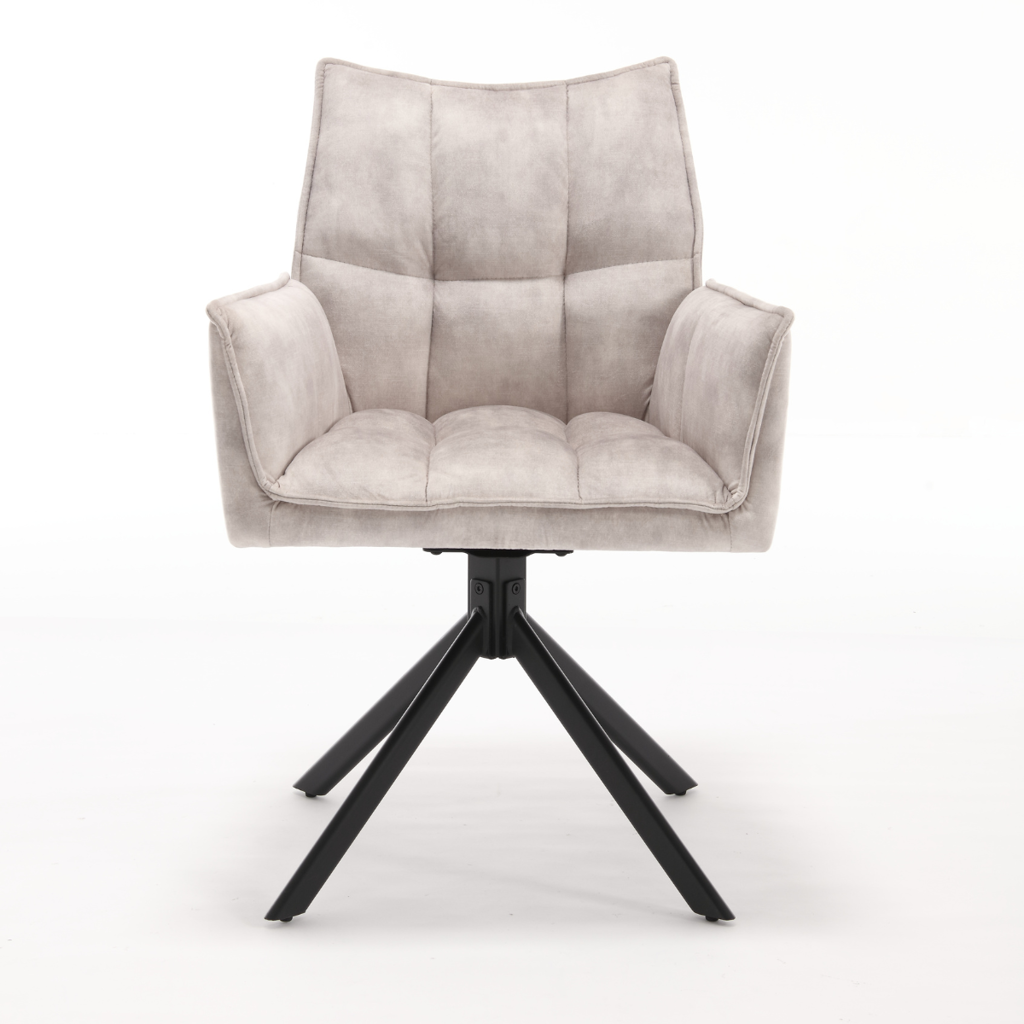 Esszimmerstuhl Daira Velvet Champagner – Drehstuhl 65×56×85 cm mit Armlehnen, Memory-Rückkehr & schwarzem Metallbein