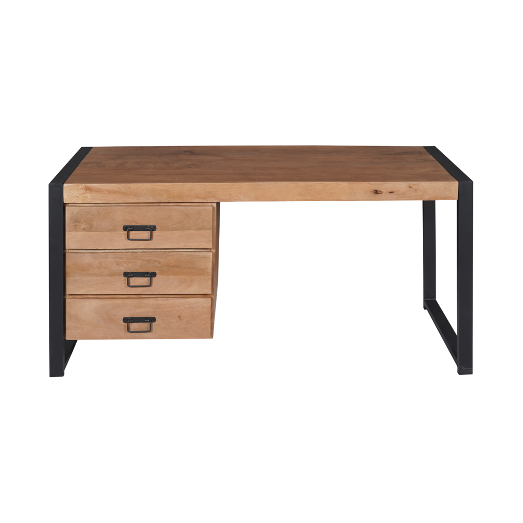 Schreibtisch Bori 145x58x74 cm – Massivholz-Mangoholz Homeoffice-Tisch mit 3 Schubladen & schwarzen Metallgriffen