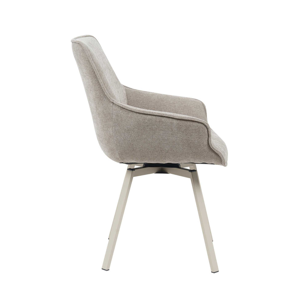 Esszimmerstuhl Mees Taupe – drehbarer Stoffstuhl mit Armlehne & hellem Metallgestell, modern & komfortabel