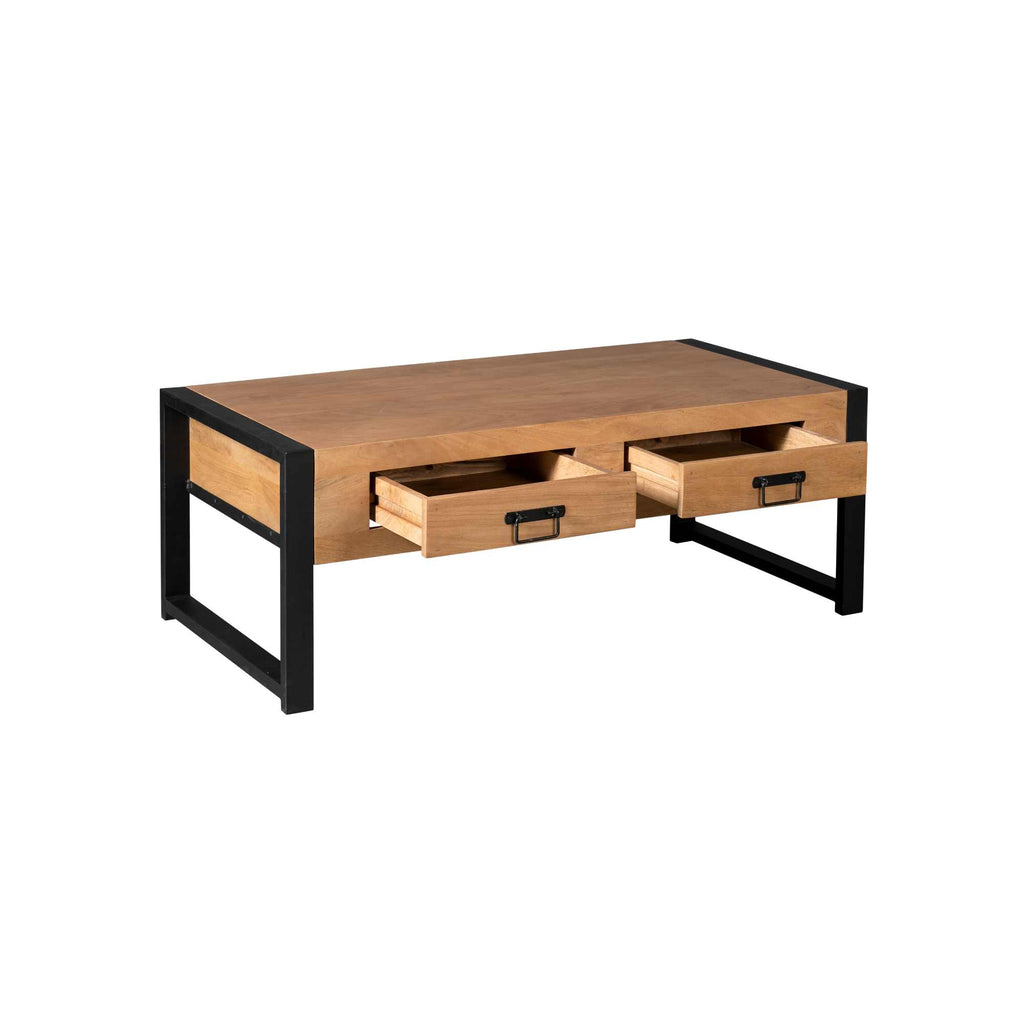 Beistelltisch Bori – Mangoholz & Metall, klar/schwarz lackiert, 120×60×45 cm mit Schubladen