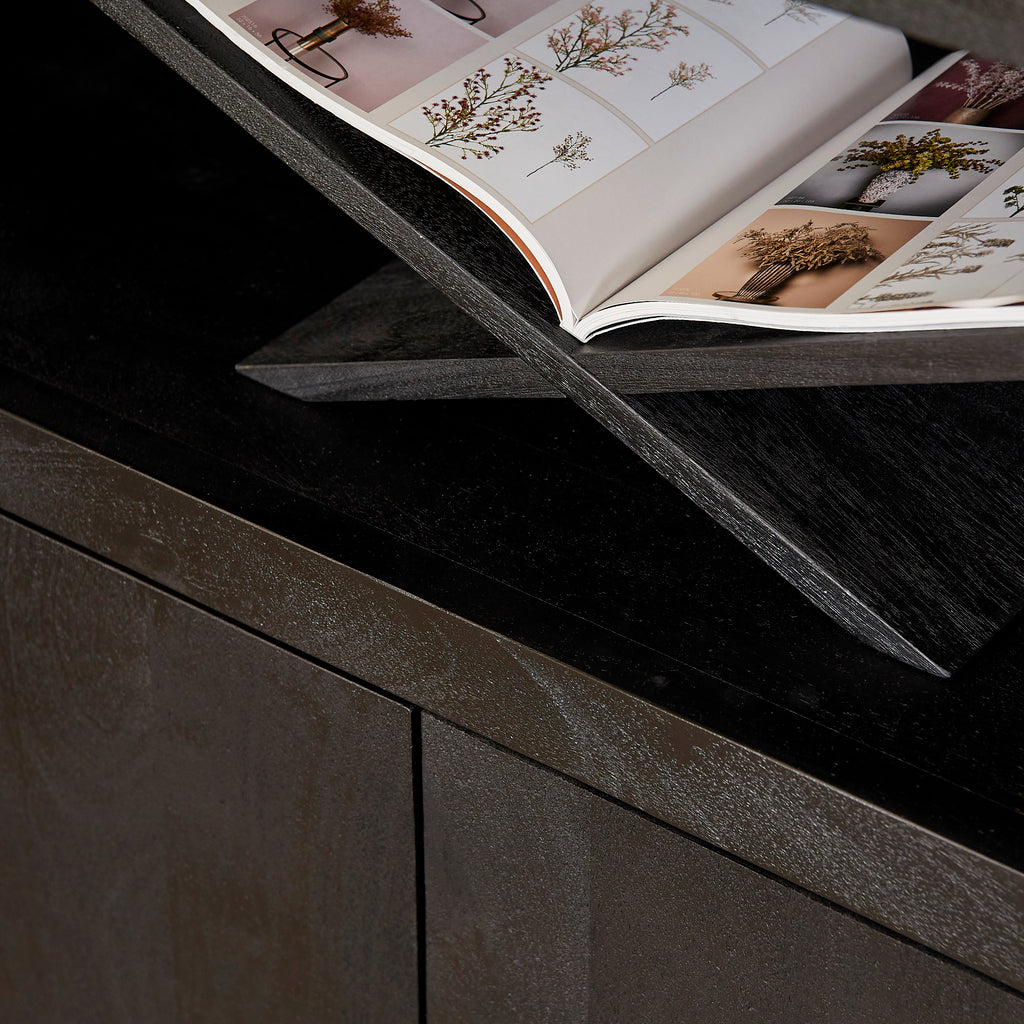 Bücherregal Bali Schwarz – Mangoholz mit modernem Design, 5 offene Fächer & 2 Türen mit Push-to-Open, 90 x 45 x 200 cm