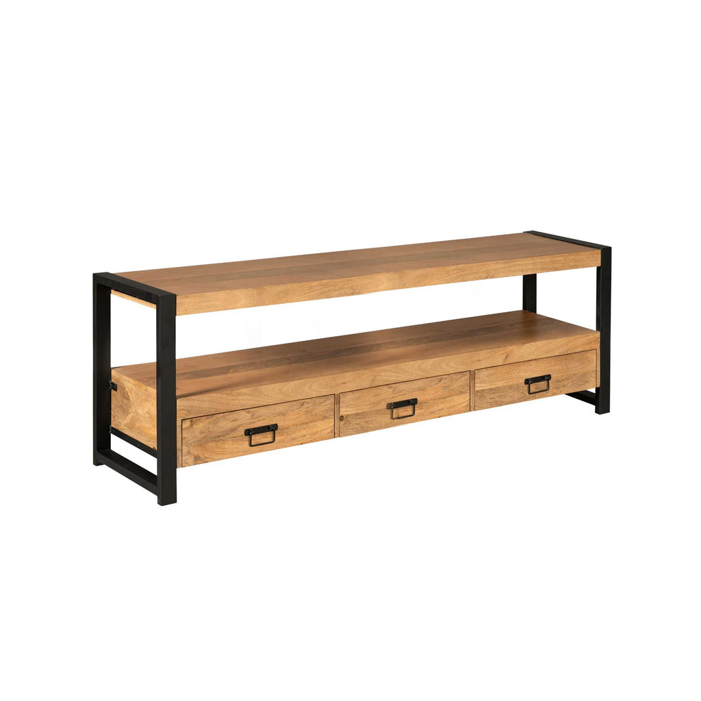 TV-Board Bori Natur – Mangoholz TV-Schrank 150×60×45 cm mit 3 Schubladen, offenem Fach & Metallgestell im modernen Design