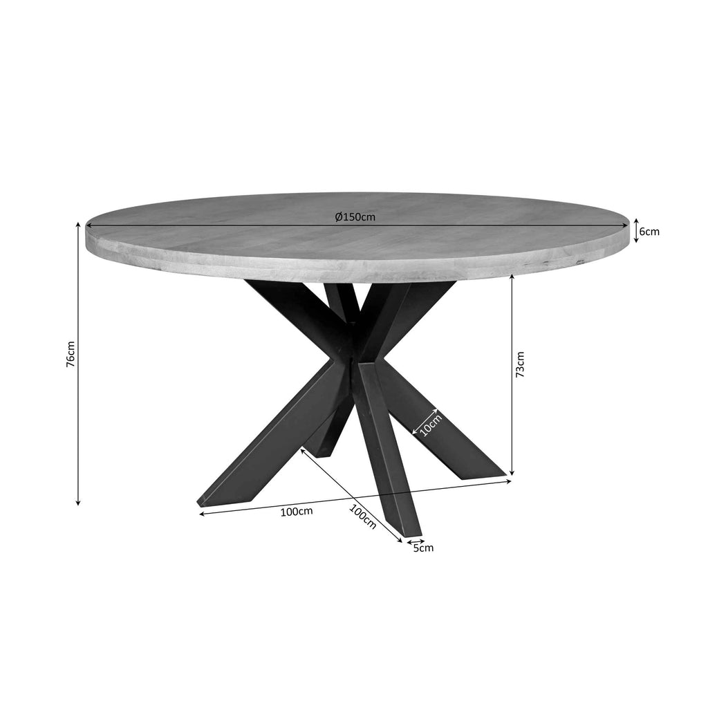 Esstisch Delta Naturfarben rund – Mangoholz & schwarzes Metall, Ø150 × 76 cm, massiver Tisch mit stilvollem Matrixgestell
