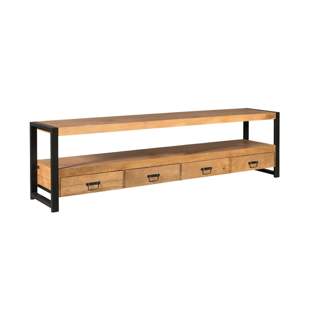 TV-Board Bori Schwarz – TV-Schrank aus Mangoholz 180×60×45 cm mit 4 Schubladen, offenem Fach & Metallgestell im modernen Design