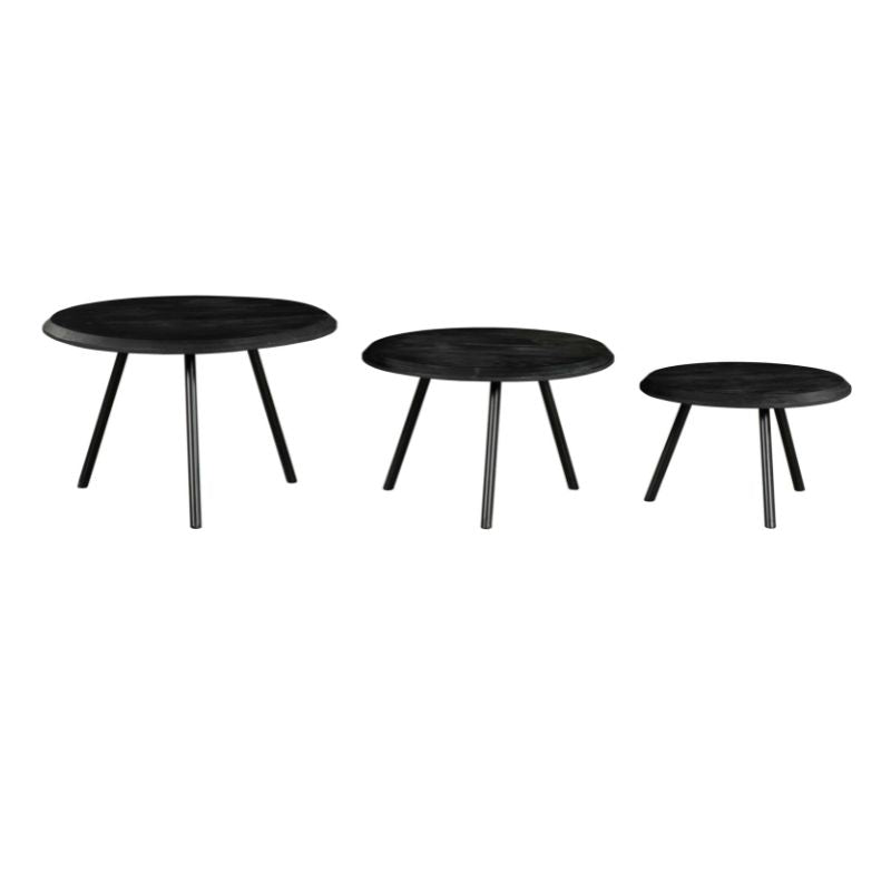 Couchtisch-Set Hawaii Schwarz – 3er-Set runde Tische aus Mangoholz & Metall, Ø70/60/50 cm, Höhen 45/38/31 cm