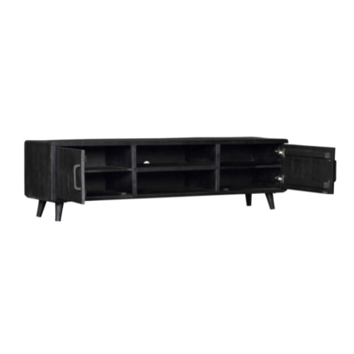 V Board Raven Schwarz 180x45x50 cm – modernes Mangoholz Lowboard mit Strukturfront & Stauraum