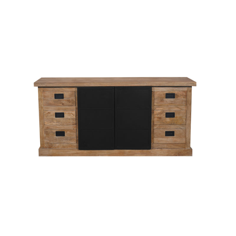 Sideboard Nizza – lackiertes Mangoholz & schwarze Metalltüren, 200 x 45 x 90 cm, modernes Design mit Holzstreifen