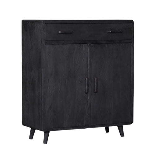 Schrank Raven Schwarz – Mangoholz Highboard mit 2 Türen & 1 Schublade, 100×45×115 cm, modernes Design mit Holzintarsien