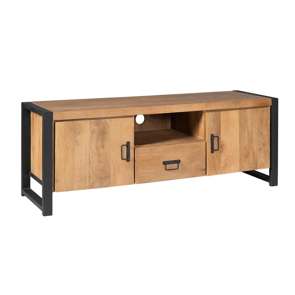 TV-Board Bori Natur – Lowboard aus Mangoholz & Metall mit 2 Türen, Fach & Schublade, schwarzer Rahmen, modern & robust