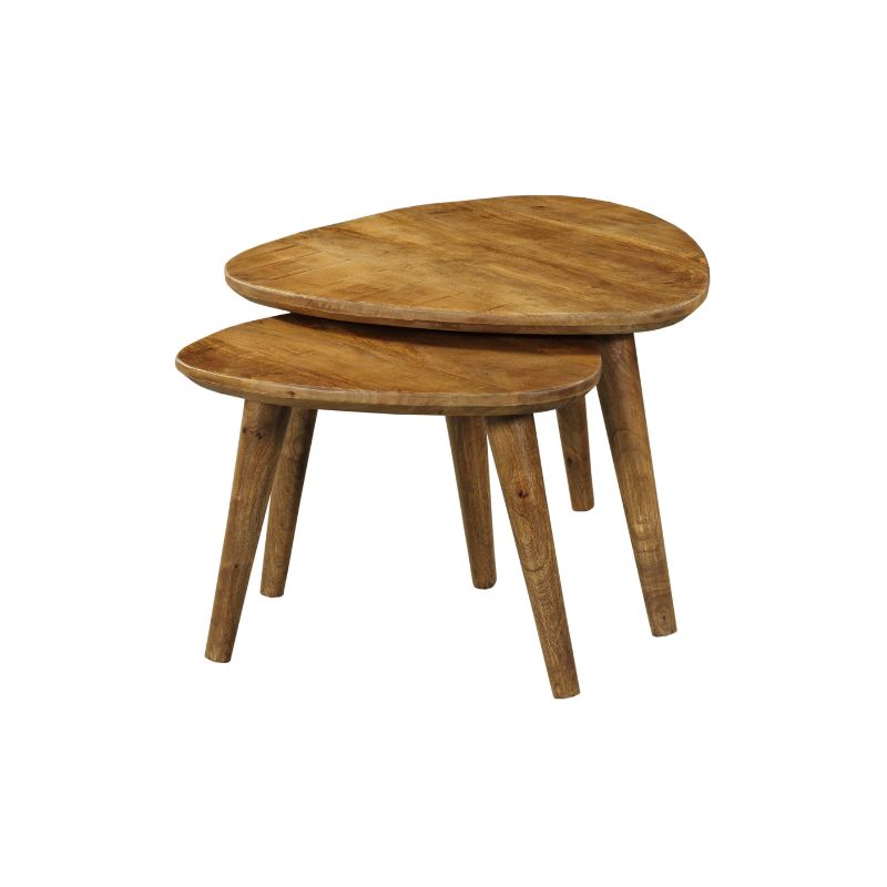 Couchtisch-Set Raven – 2er Set Massivholz-Tische in Dreiecksform, Mangoholz mit Holzbeinen, 60/50×60/50×45/40 cm
