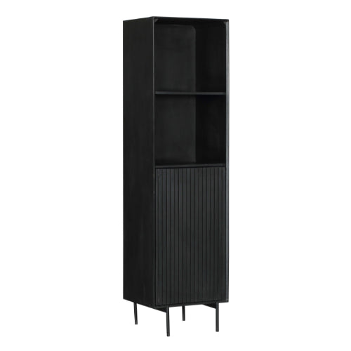 Bücherregal Mandy Schwarz – Mangoholz mit Metallrahmen, 1 Tür & 2 offene Fächer, Lamellen-Design, 55 x 45 x 200 cm