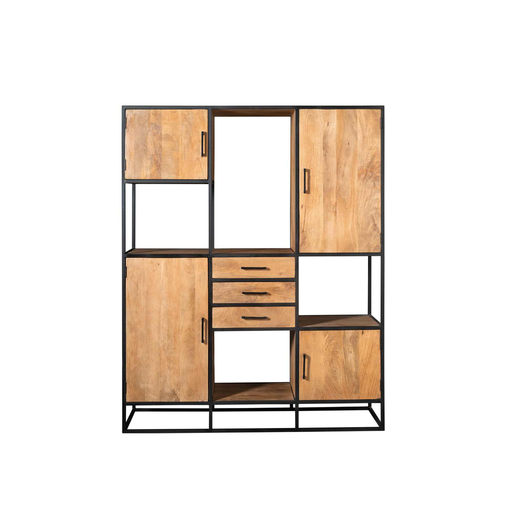 Regalschrank Delta Natur Supreme XXL – Wandschrank aus Mangoholz mit Metallgestell, 2 große & 2 kleine Türen, 3 Schubladen, 160 x 45 x 200 cm