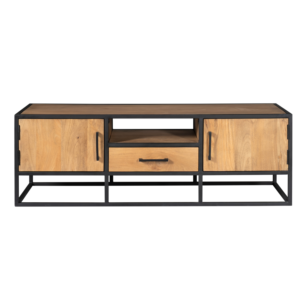 TV-Board Delta Natur – modernes Lowboard aus Mangoholz mit Schublade & 2 Türen, schwarzer Metallrahmen, 145 x 45 x 50 cm