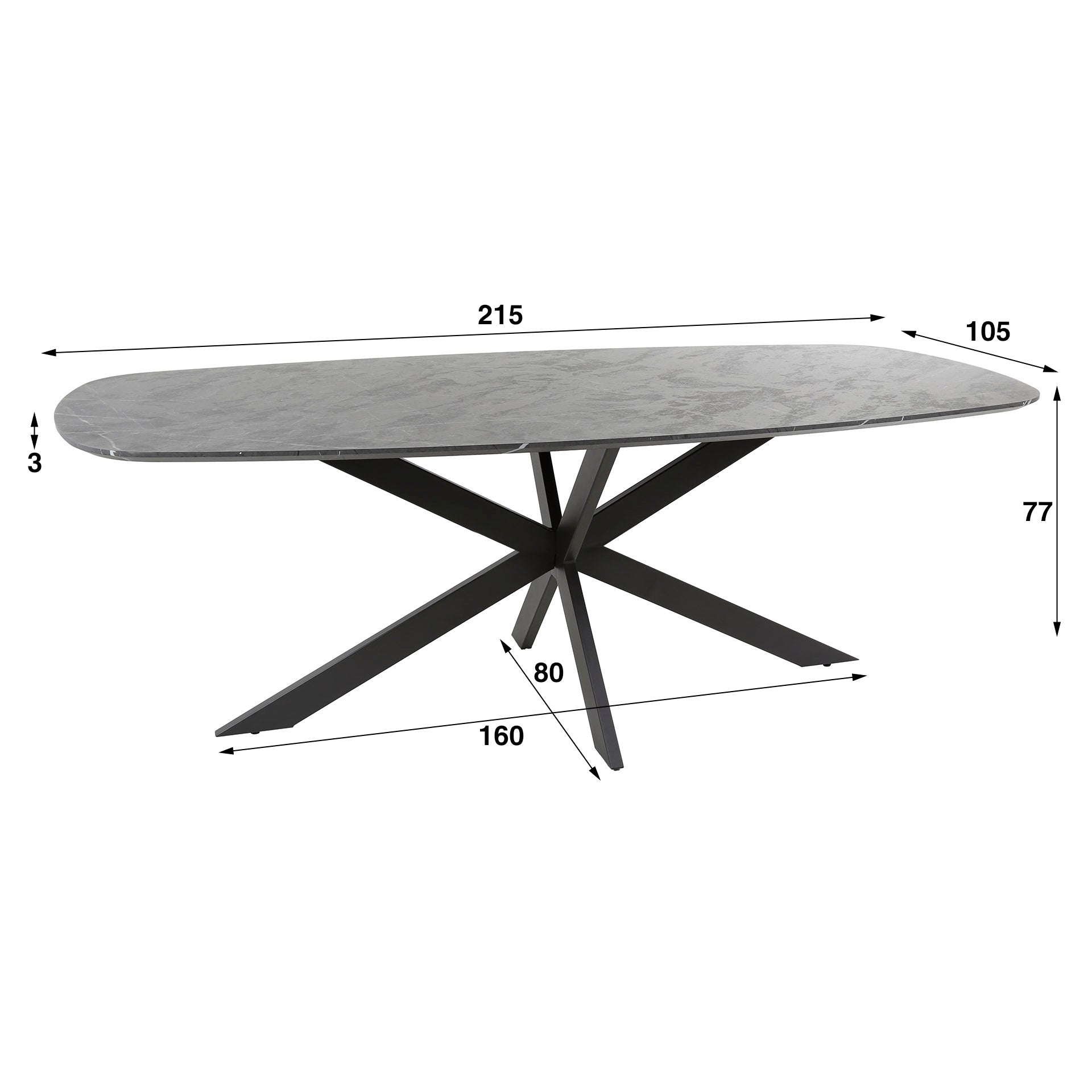 Esstisch Taviano Oval – Melamin-Tischplatte in Keramikoptik mit Spinnen-Gestell aus Stahl, 215 x 105 x 77 cm, moderner Esszimmertisch