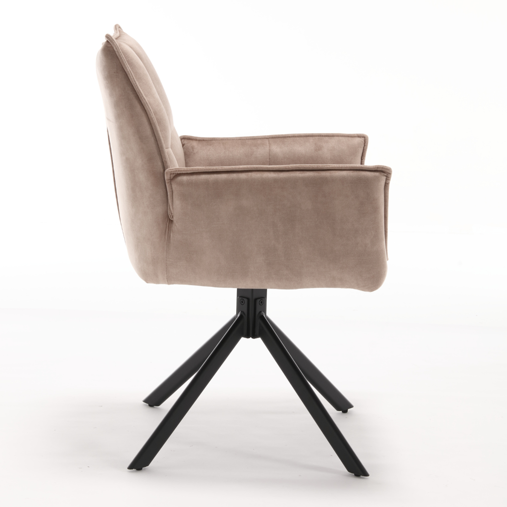 Esszimmerstuhl Daira Velvet Beige – Drehstuhl 65×56×85 cm mit Armlehnen, Memory-Rückkehr & schwarzem Metallbein