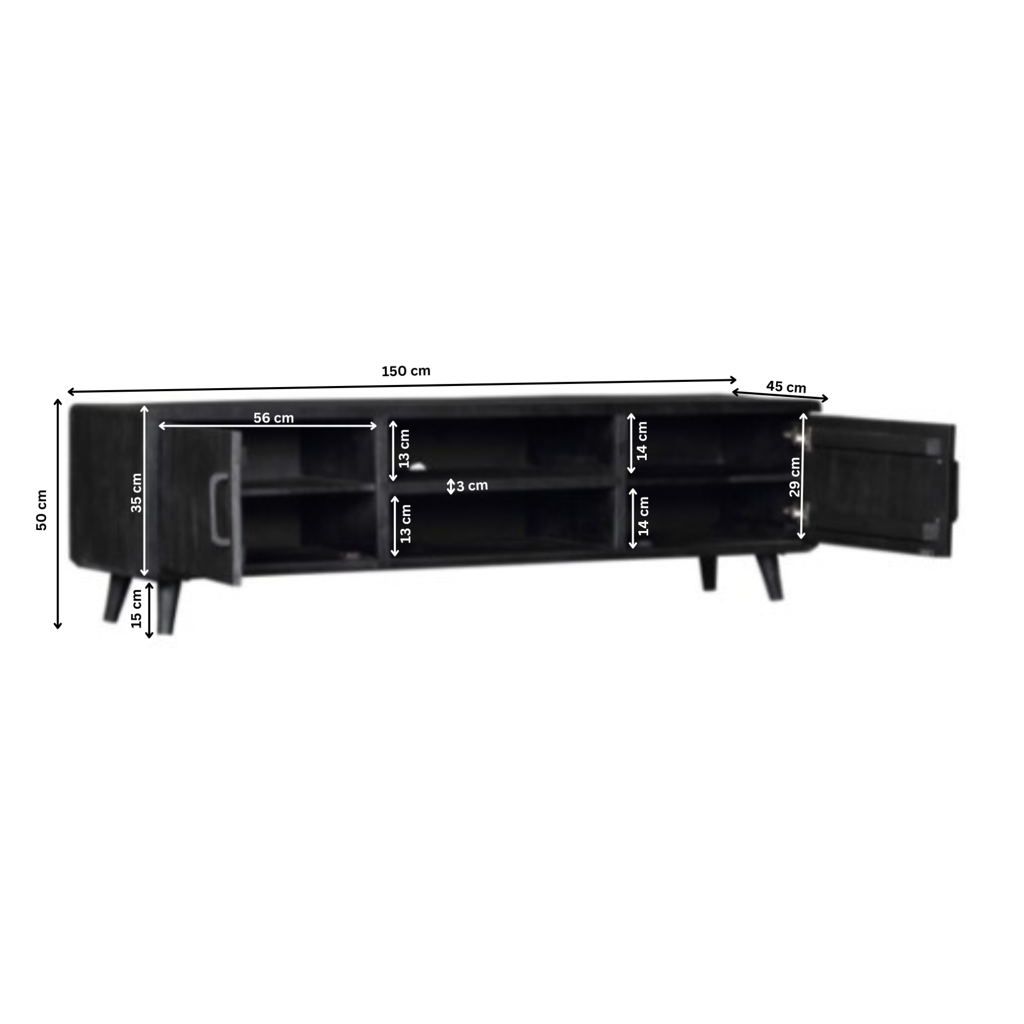 V Board Raven Schwarz 180x45x50 cm – modernes Mangoholz Lowboard mit Strukturfront & Stauraum