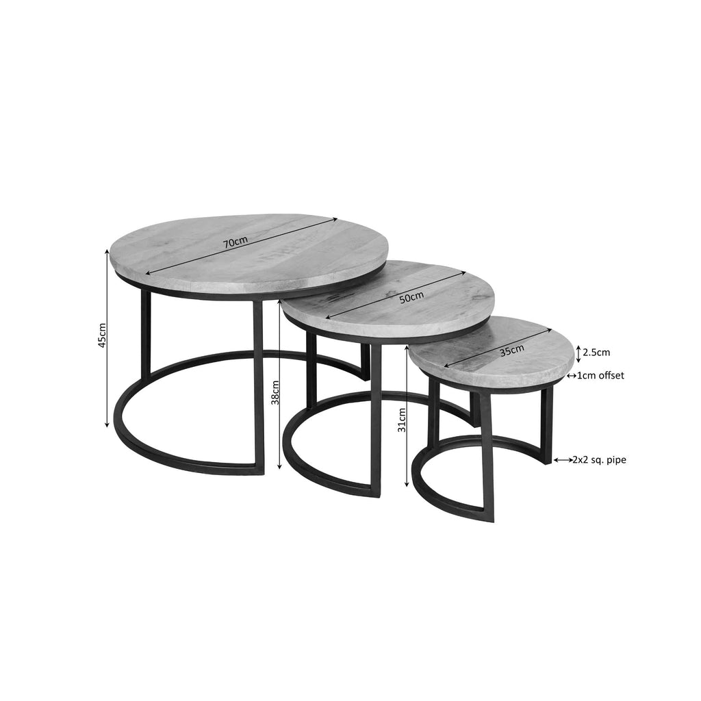Couchtisch-Set Delta – 3 runde Tische aus Mangoholz & schwarzem Stahlrahmen, Ø70/50/35 cm, Höhe 45/38/31 cm