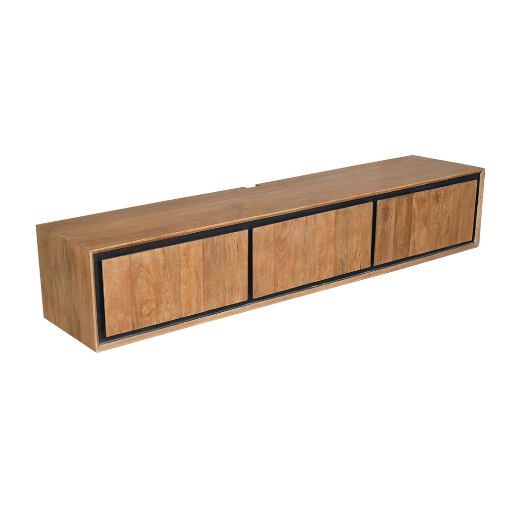 TV-Board Rois Schwebend – Mangoholz mit schwarzen Metallakzenten & 3 Türen, modernes Lowboard 160 x 35 x 30 cm